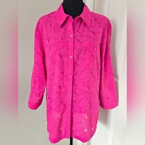 Norton McNaughton Casual Chic Tunic Blouse Fuchsia Tropical/Leaf Print Size XL